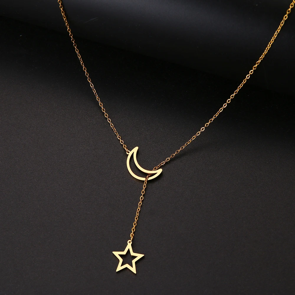 DOTIFI para mujeres collares pendiente doble cadena larga Luna estrella Acero inoxidable collar joyería T41