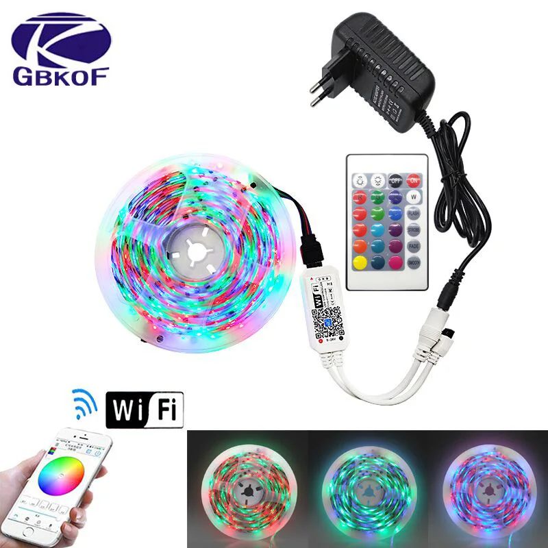 5m 10m WiFi LED Strip Light RGB Waterproof SMD5050 30/60 led DC12V rgb String Diode Flexible Ribbon Contoller+Adapter plug |
