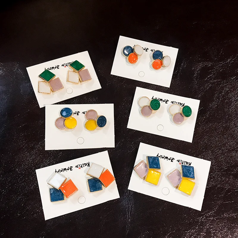 

S925 silver pin hit square ear nails cute drop glazed simple temperament earrings Korean original design personality earrings