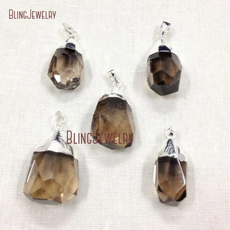 

Faceted Crystal Smoky Quartzs Brown Waterdrop Pendant with Silver or Gold Dipped Trim PM12144