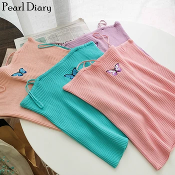 

Pearl Diary Women Spaghetti Strap Top Femme Skinny Camis Top Summer Sim Fitted Beach Crop Tops High Street Butterfly Casual Top