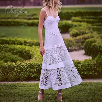 

Ordifree 2020 Summer Women Long Party Dress Sexy Spaghetti Strap Vintage White Lace Tunic Maxi Dress