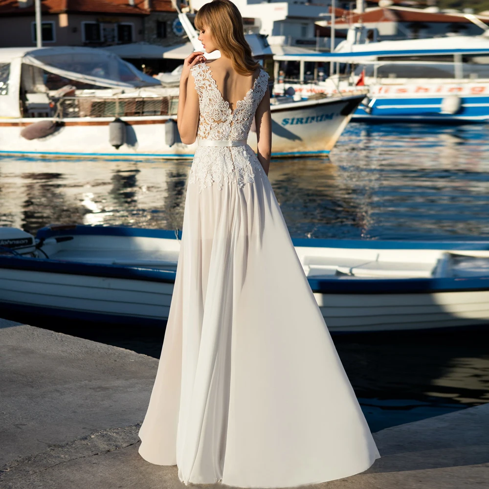 Изысканное шифоновое свадебное платье без рукавов с v-образным вырезом и высоким разрезом, свадебное платье Бохо с кружевом de Novia