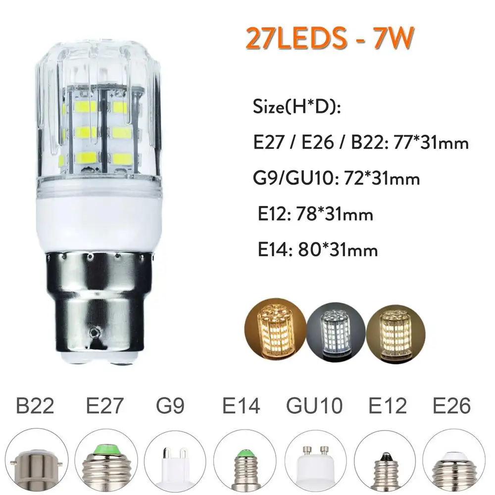 E27 E26 E12 E14 B22 G9 GU10 LED Corn Light Bulbs DC 12V 24V Spotlights 7W 27LEDs Home Bright Table Desk Lamps Indoor Lighting