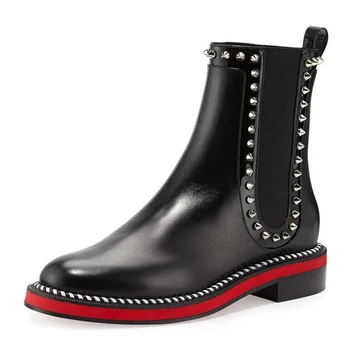 

Genuine Leather Chelsea Boots Woman Brand Design Flat boots 2019 Fall Red Ankle Boots Ladies Fashion Studded Boots