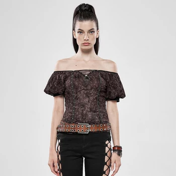 

PUNK RAVE Women Steampunk Fantasy Magic Short Sleeve T-shirt Flocking Chiffon Off The Shoulder Sexy Top