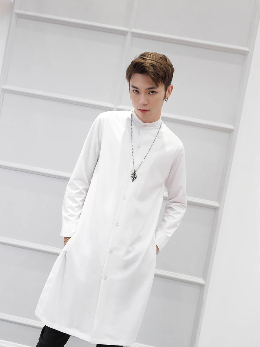 Рубашка со стоячим воротником для мальчиков мужские длинные рукава тонкий в Корейском стиле; тренд; длинная рубашка для мужчин; обувь в Корейском стиле; красивый костюм на осень - Цвет: Белый