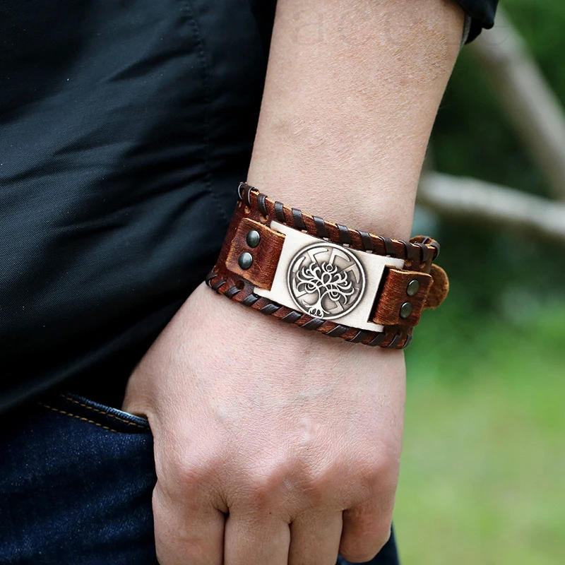 Deerllia Tree Of Life Leather Bracelet For Men - Braided Cuff With Alloy Clasp, Religious Gift - View #4
