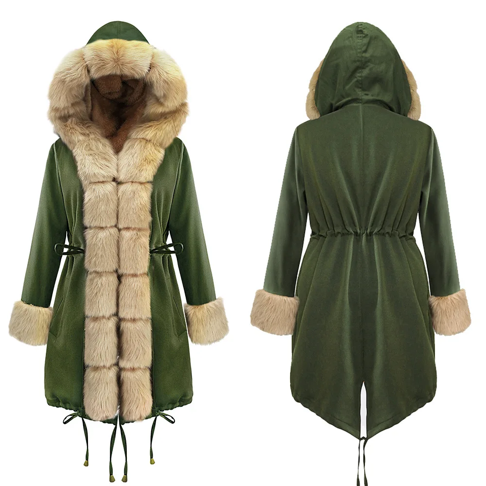 Женская теплая куртка с капюшоном, пушистое серое пальто из искусственного меха, теплая длинная парка со шнуровкой для девочек, зимнее плотное пальто, большие размеры