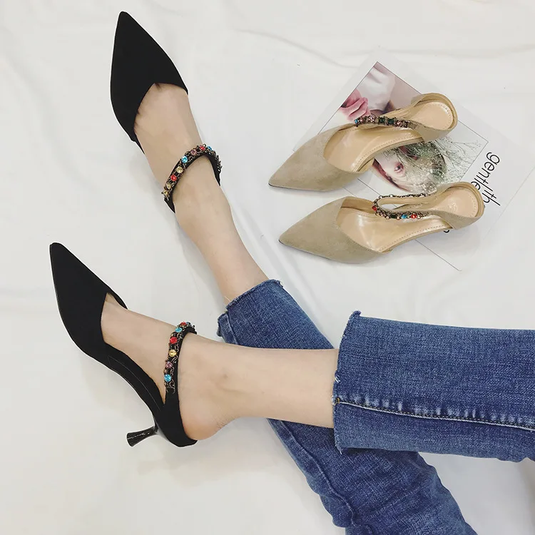 

2018 Spring New Style Europe And America Popular Simple Fashion Shallow Mouth Thin Heeled WOMEN'S Shoes Pointed-Toe Versatile Ha