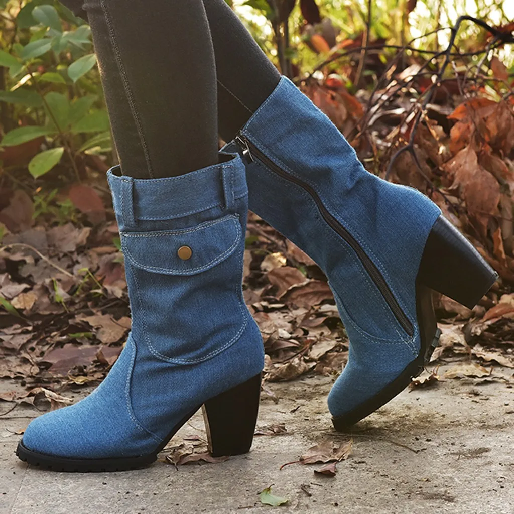Fashion Women Boots European American Style Large Size High Heel Denim Mid-Tube Platform Women's Winter Warm Boots Plus Size 40