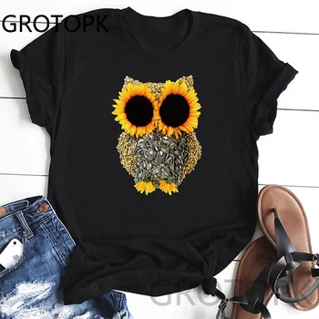 

Owl Sunflower T-Shirt Women Simple Design Print T Shirts Women's Arrival Summer Style Short Sleeve Women T-Shirt