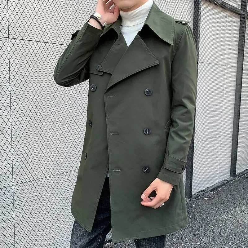 Fashion Trench Men Spring Autumn Streetwear Double Breasted Windbreaker Jacket Casual Solid Slim Coat Chaquetas Hombre