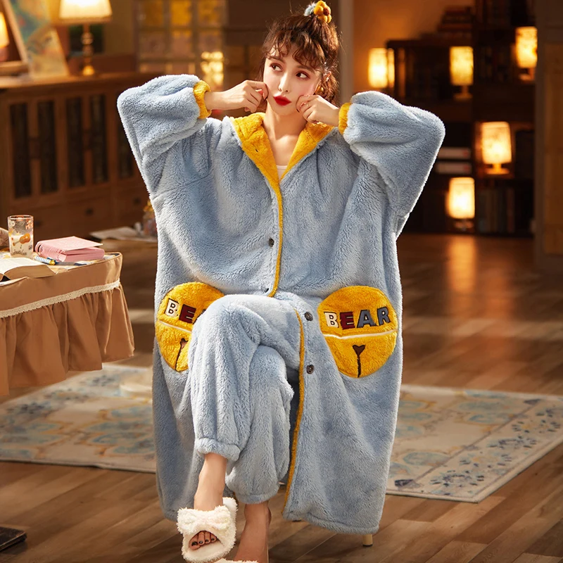 

Plus Size Plush Nightgown Winter Pajamas Intensification Pyjamas Set Loose Version Hooded Women Sleepwear Keep Warm Medium Style