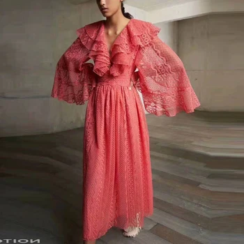 

Embroidered Flowers Sexy V-Neck Ruffled Mid Sleeve Flared Sleeves Party High Quality Mid-Length Dress Women'S Spring And Summer