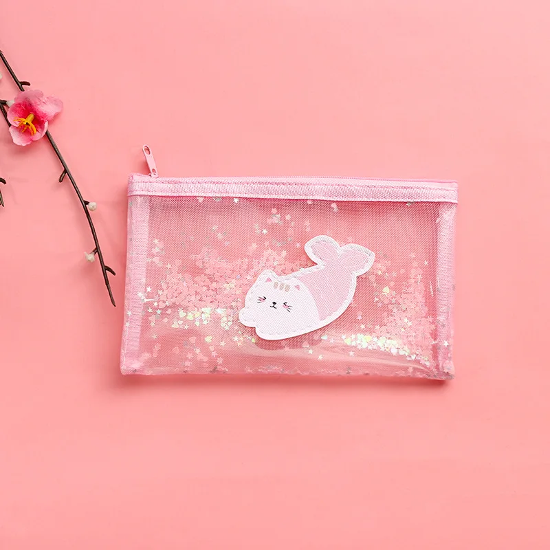 Pink 1PC 1 шт. прозрачный сетчатый пенал-конверт офисный студенческий косметический пенал для карандашей нейлоновый милый рыбий хвост кот Школьные принадлежности практичная коробка для ручек - Цвет: Pink 1PC