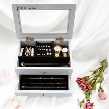 

Famirosa 2-Layer Jewelry Box Multiple Compartments Eco-Friendly MDF Material Velvet Inner Liner Transparent Glass Cover