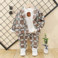 Детская одежда, костюм в клетку для мальчиков, комплекты одежды, модный костюм из 3 предметов для маленьких мальчиков 1-4 лет, куртка+ футболка+ штаны цвета хаки