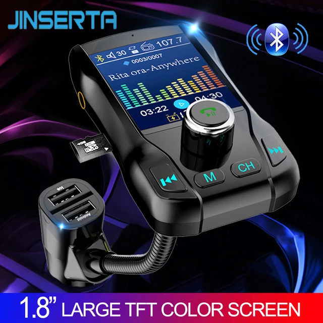 JINSERTA جهاز إرسال FM لاسلكي للسيارة ، شاشة ملونة ، طقم سيارة بدون استخدام اليدين ، بلوتوث 360 درجة ، صوت MP3 للسيارة ، 5 فولت 3.1 أمبير ، USB مزدوج