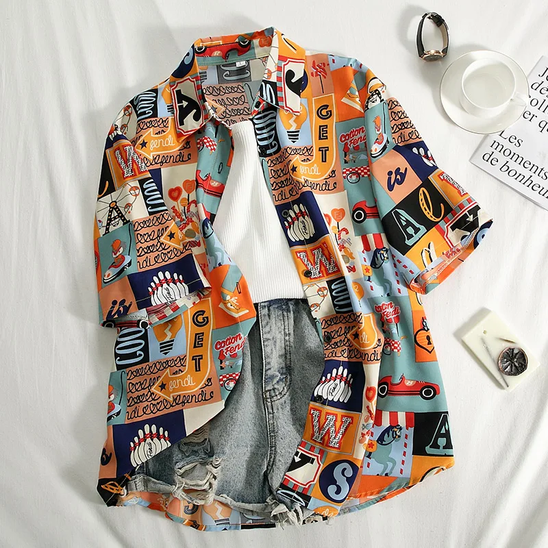 Casual Summer Shirts Women 2020 Boho Cartoon Print Stretch Beach Shirt Ladies Tunic Loose Party Blouses Woman Red Tops Plus Size