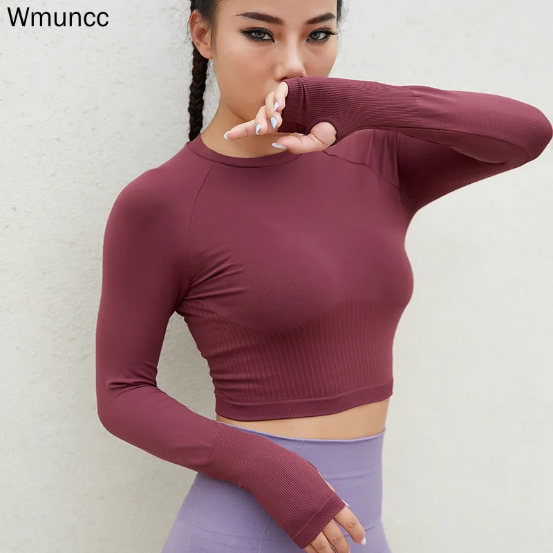 Бесшовная женская рубашка для йоги Wmuncc с длинными рукавами и отверстием большого