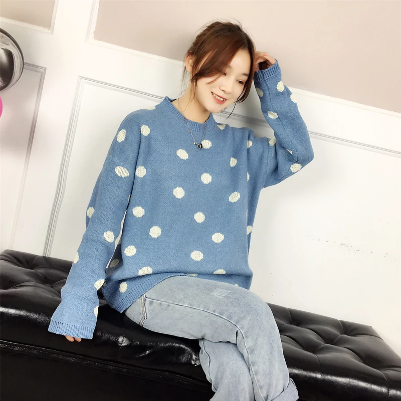 

Dots loose Pullover sweater Women Tops splice casual Sweater 2020 winter sweet Korea style knitted sweater Jumper Pull femme