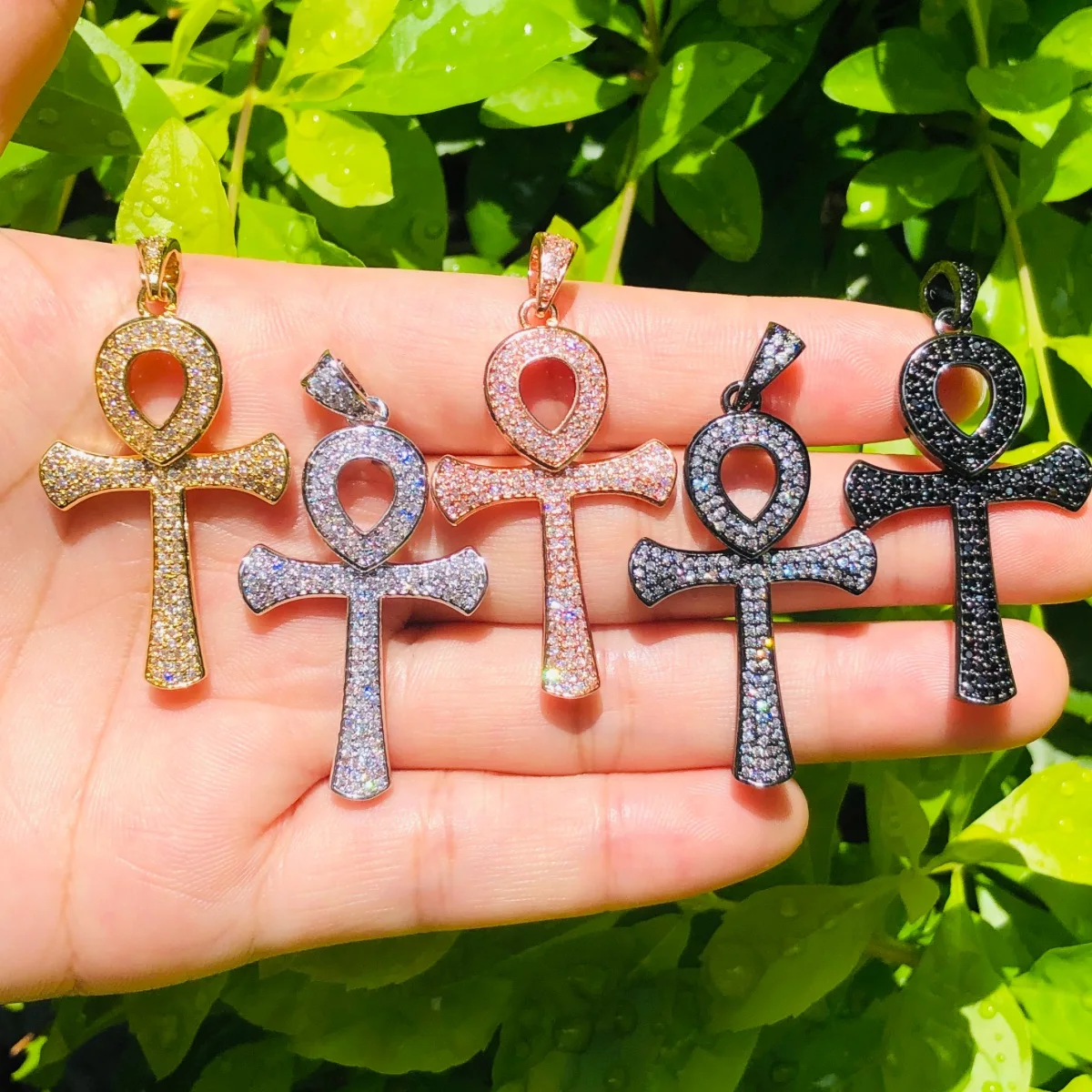 5pcs ANKH Cross Pendant Bling Charm for Women Bracelet Necklace Making CZ Pave Religious Handcrafted Jewelry Accessory Wholesale