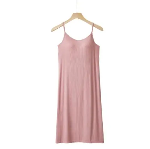 Sexy Modal Cotton Night Dress Women Sling Bra Padded Nightgowns Female Summer Loose Sleepwear Nightshirt Bottoming Lingerie pink