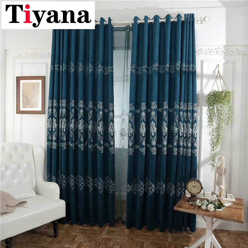 

Chenille Embroidered Blackout Curtains Panels for Bedroom Dark Blue Shade Window Treatment Draperies for Living room Villa M222Y