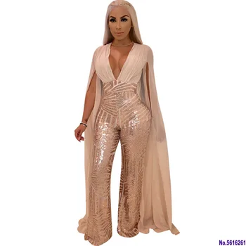 

Women Chiffon Split Long Sleeve Sequin Jumpsuit Sexy V Neck Patchwork Loose Wide Leg Romper Evening Sparkly Jumpsuit Overalls