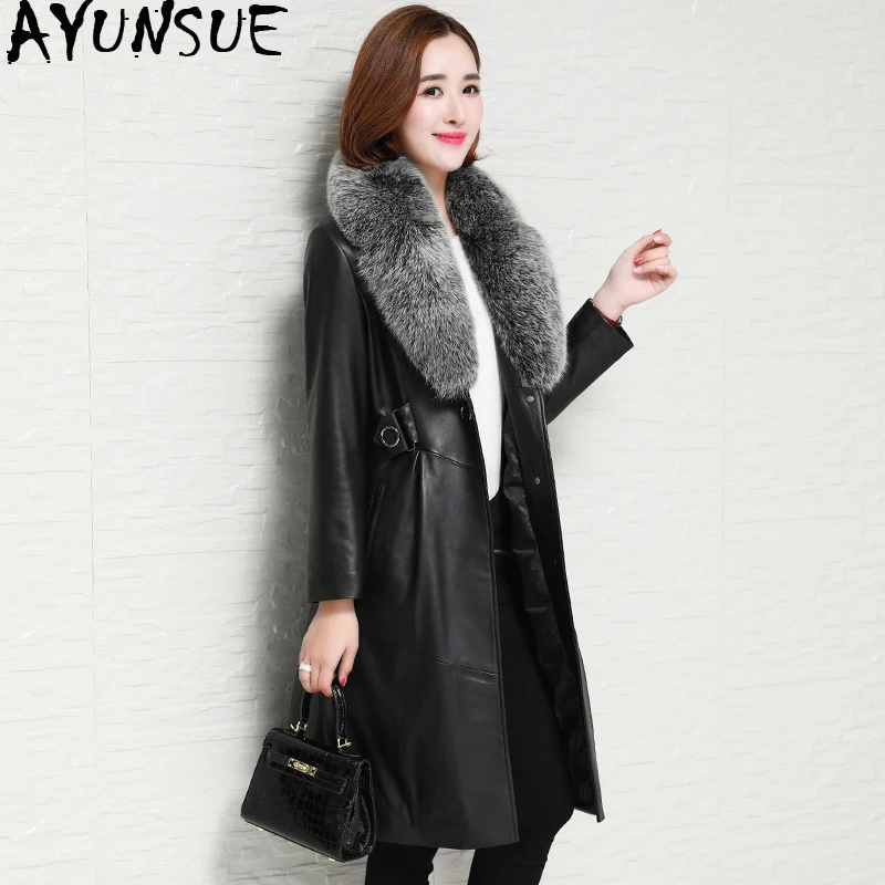 

AYUNSUE 2019 Genuine Leather Jacket Winter Jacket Women Fox Fur Collar Long Down Jackets for Women Real Sheepskin Coat MY4116