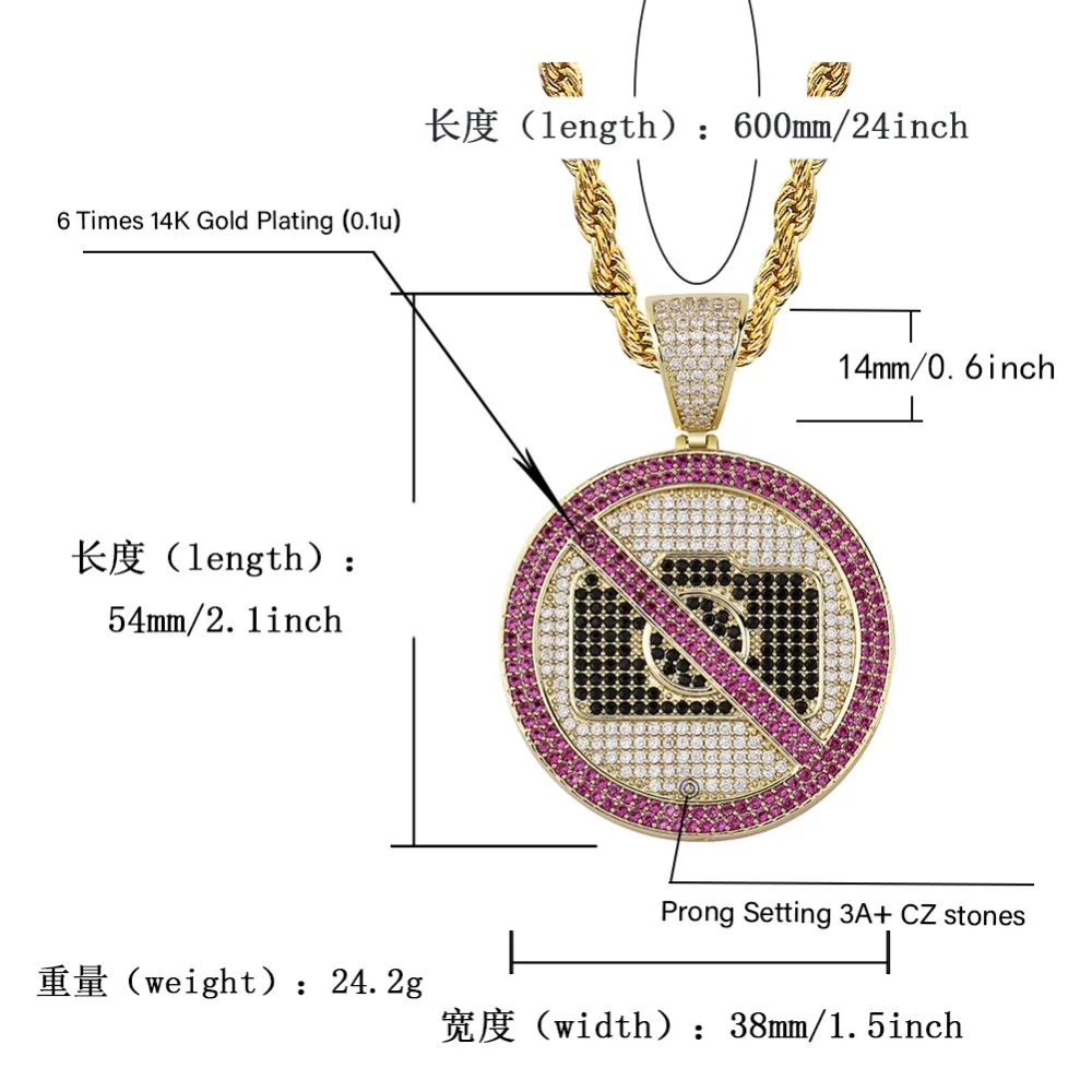 JINAO Fashion Camera ban Necklaces Cubic Zircon Hip Hop Gold and Silver Jewelry Chain Iced Out Chain Pendant for Men Women Gift