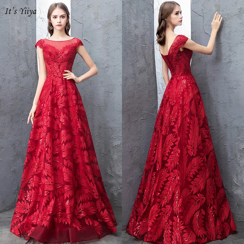 

It's Yiiya Evening Dress Elegant O-Neck Plus Size Backless Women Party Dresses Short Sleeve Appliques Sequin Robe De Soiree V135