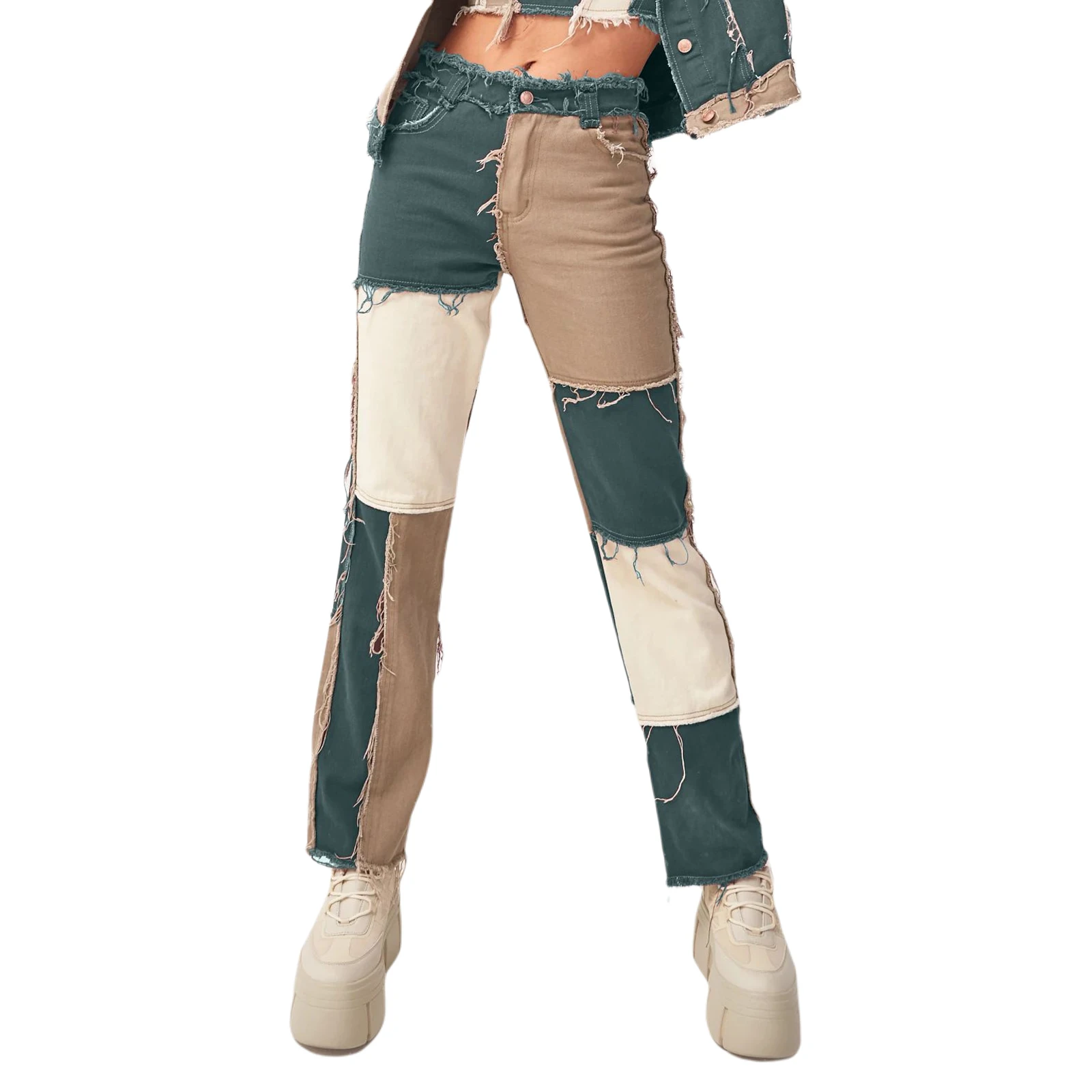 

2020 Women Fashion Paneled Straight-leg Pants Patchwork Jeans Mid-rise Color Block Loose Casual Wide-leg Trousers with Pockets