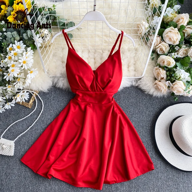 Women A-line Sexy Dress V-Neck Spaghetti Strap Backless Mini Dresses Soild Color Vestidos Slim Trend 2020 High Waist For Party 1