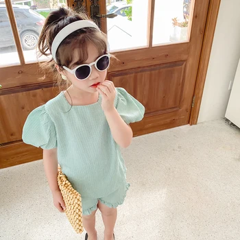 

Summer girls 2 pcs set baby tee shirt + shorts kids suits children fashion clothes streetwear plaid check puff sleeve 2 to 7 yrs