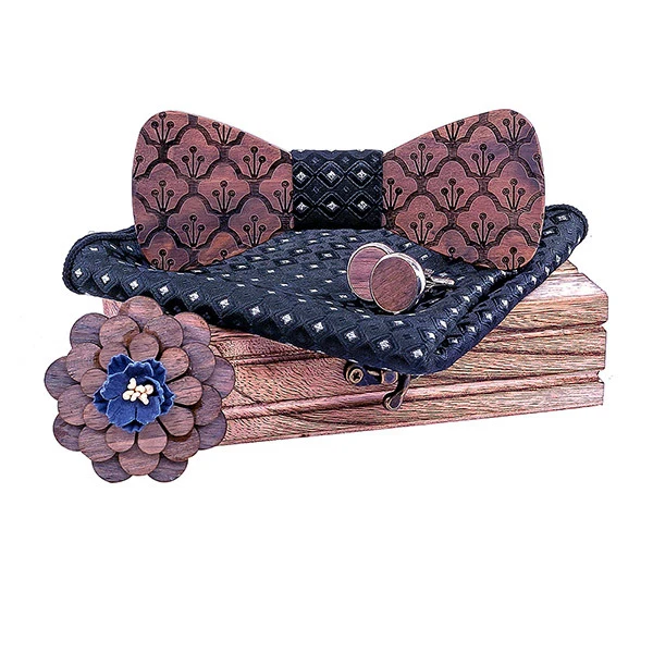 Wooden Bow Tie Men Set Square Scarf Cufflinks Brooch Party Stage Bow Tie Men's Accessories Logo Custom