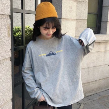 

Women Casual Harajuku Plus Size Streetwear T-Shirt Mountain Print T Shirt Long Sleeve O-Neck Tees