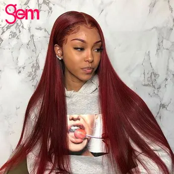 

Red Wig Human Hair Straight Gem Hair Brazilian 28 Inch HD Transparent T Part Lace Wigs Human Hair 99j Color Wigs For Black Women