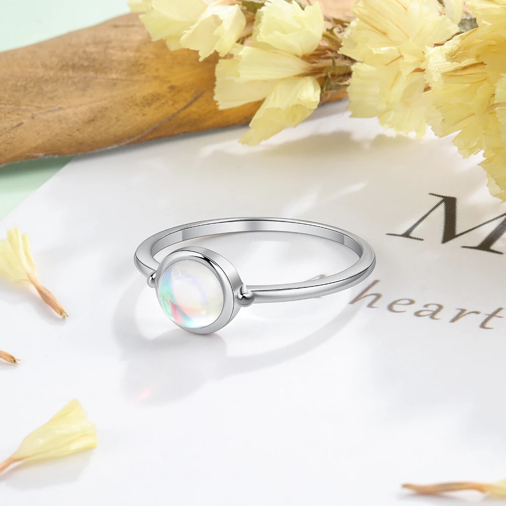 Silver Ring Round Moonstone Women Engagement Wedding Band 925 Sterling