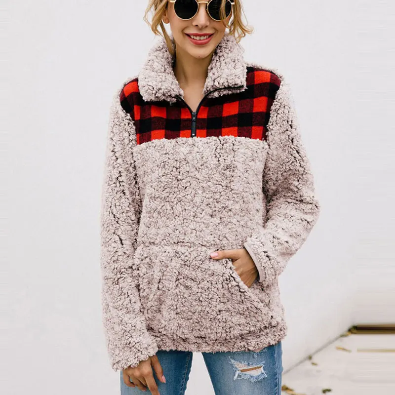 

Women Teddy Plush Plaid Stitching Long Sleeve Sweatshirt Autumn Winter Plush Warm Tops Zipper Front Pocket Clothing Female 2019