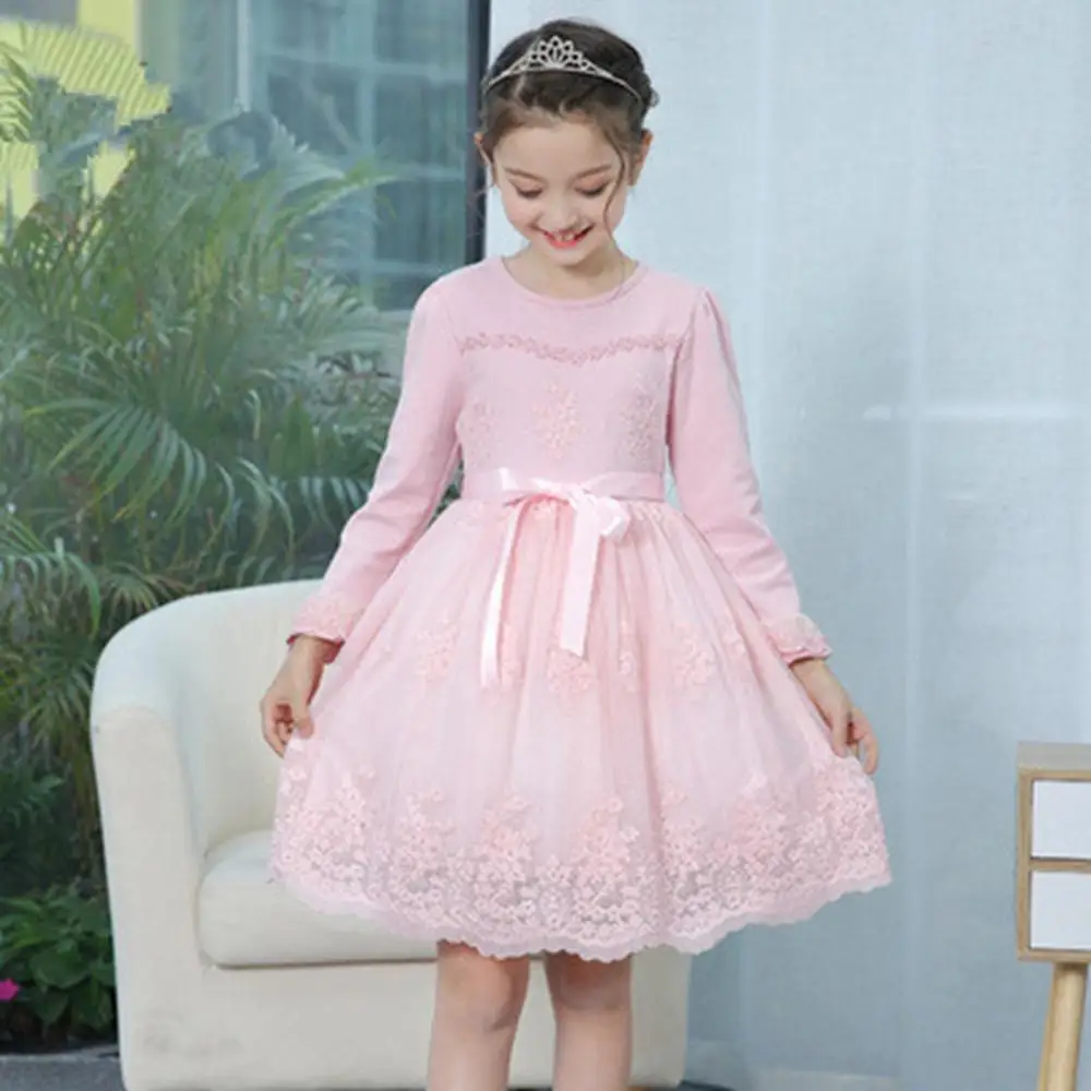 Платье для девочек детское платье принцессы с длинными рукавами для девочек, детские однотонные милые праздничные платья осенняя одежда для маленьких девочек розового и синего цвета
