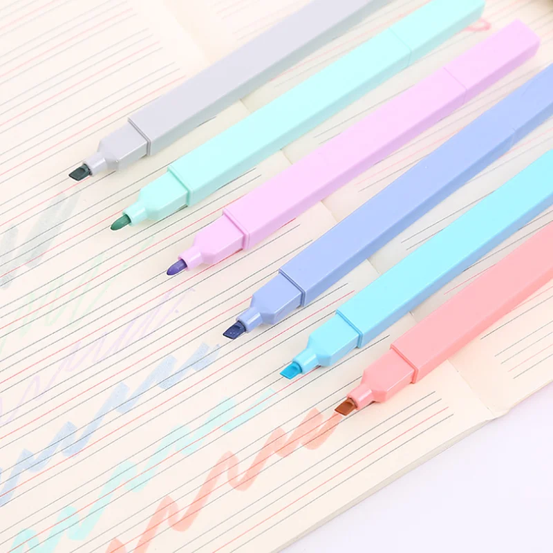 

6 Colors Morandi Color Eye Protection Double-headed Highlighter Oblique Round Head Hand Account Pen Student Focus Marking Pen