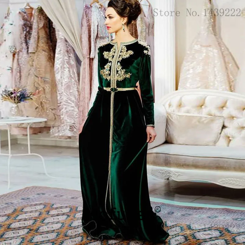 Зеленый марокканский кафтан вечернее платье с круглым вырезом велюр аппликации рукава Мать платье Арабский мусульманский особых случаев формальная вечеринка