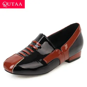 

QUTAA 2020 Square Heel Slip on Women Shoes Spring Round Toe Casual Ladies Pumps Mixed Color PU Leather Single Shoes Size 34-43