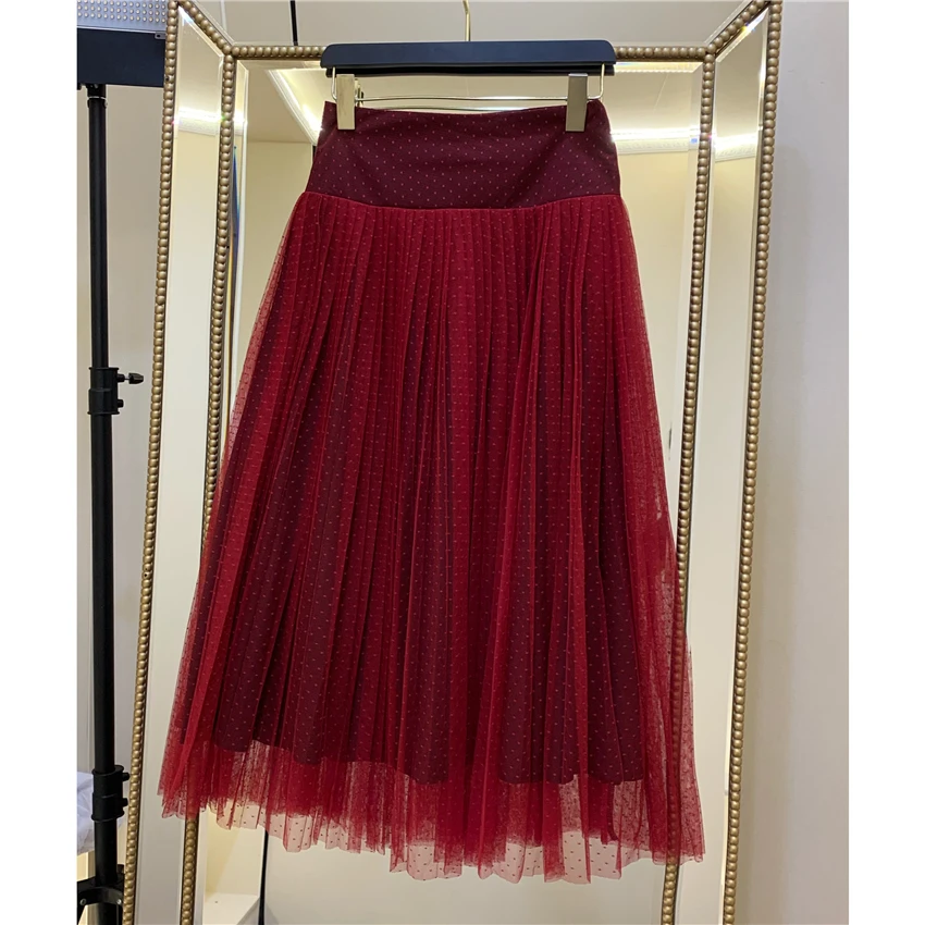 Зима, длинная юбка миди, новинка, для девушек, Ретро стиль, элегантная, высокая талия, в горошек, плиссированная, сетчатая юбка, женская, фея, трапециевидная юбка, для женщин