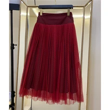 Зима, длинная юбка миди, новинка, для девушек, Ретро стиль, элегантная, высокая талия, в горошек, плиссированная, сетчатая юбка, женская, фея, трапециевидная юбка, для женщин