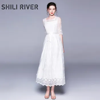 

New summer ankle length lace dress for women a line short sleeve slim cute girl elegant white pleated full long dress with belt