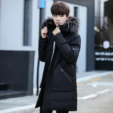 Мужской пуховик с капюшоном, молодежное пальто для студентов, толстый меховой воротник, корейский стиль, повседневные белые пуховики на утином пуху