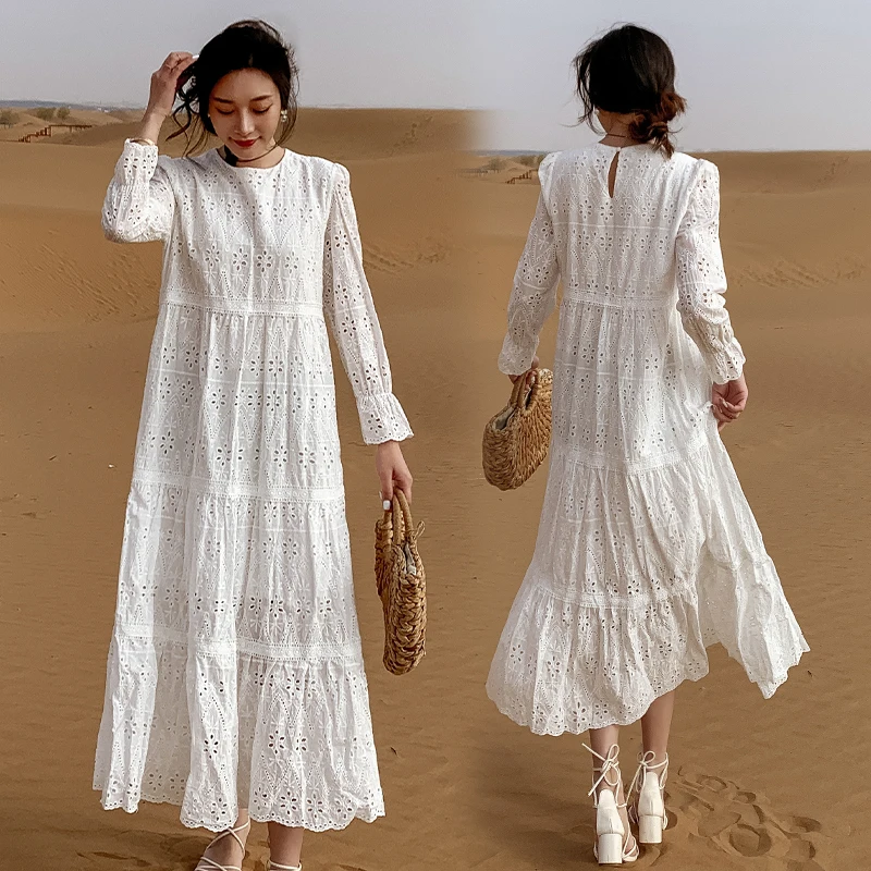 Make love platycodon grandiflorum French gentle fairy long closed show thin waist lace white dress for a holiday